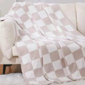 WESHIONGOO Light Khaki Checkered Throw Blanket Knit Throw Blanket for Couch Bed Sofa Soft Cozy Throw Blanket with Chessboard Fluffy Warm Decor Blanket (50"×60“)