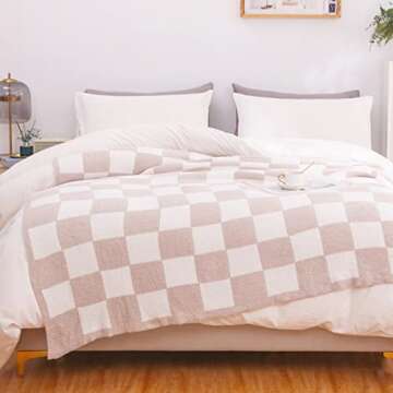 WESHIONGOO Light Khaki Checkered Throw Blanket Knit Throw Blanket for Couch Bed Sofa Soft Cozy Throw Blanket with Chessboard Fluffy Warm Decor Blanket (50"×60“)