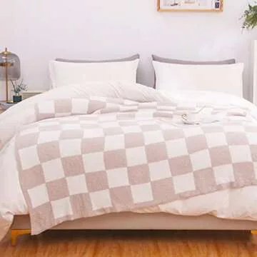 WESHIONGOO Light Khaki Checkered Throw Blanket Knit Throw Blanket for Couch Bed Sofa Soft Cozy Throw Blanket with Chessboard Fluffy Warm Decor Blanket (50"×60“)