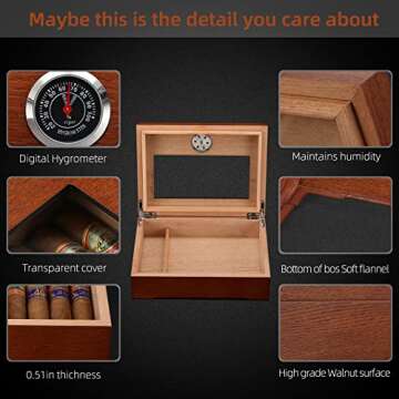 TISFA Cigar Humidor, Glass Top Cigar Box with Hygrometer Humidifier and Divider, Desktop Cedar Wood ...