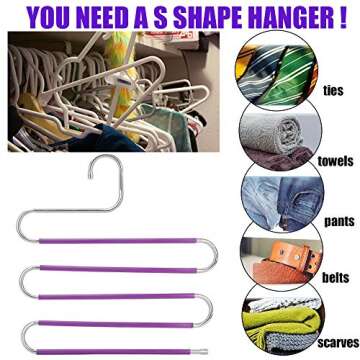 8pcs Pants Hangers S-Type Jeans Trousers Hangers Stainless Steel Clothes Hangers Closet Space Saving for Pants Jeans Scarf Organizer (Purple with 10 Clips)