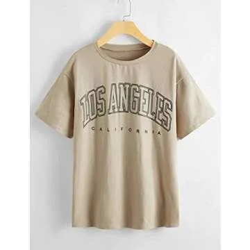 Meladyan Women Casual Los Angeles Letter Print Short Sleeve Tee Shirt Oversized Summer Round Neck Shirts Blouse Tops Apricot