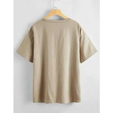 Meladyan Women Casual Los Angeles Letter Print Short Sleeve Tee Shirt Oversized Summer Round Neck Shirts Blouse Tops Apricot