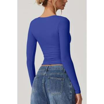 QINSEN Long Sleeve Shirts for Women Seamed Cup V Neck Double Lined Tee Shirt Going Out Tops Sapphire Blue XS