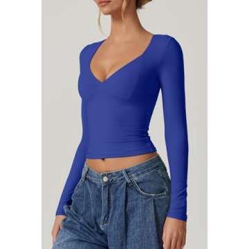 QINSEN Long Sleeve Shirts for Women Seamed Cup V Neck Double Lined Tee Shirt Going Out Tops Sapphire Blue XS