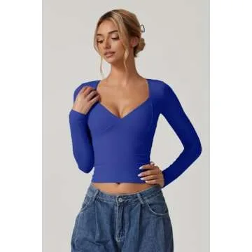 QINSEN Long Sleeve Shirts for Women Seamed Cup V Neck Double Lined Tee Shirt Going Out Tops Sapphire Blue XS