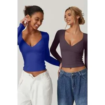 QINSEN Long Sleeve Shirts for Women Seamed Cup V Neck Double Lined Tee Shirt Going Out Tops Sapphire Blue XS