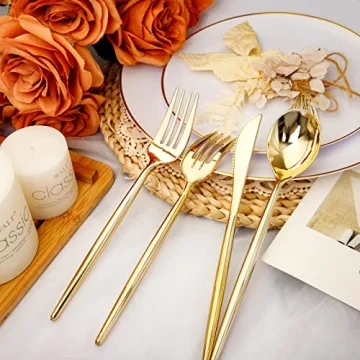 Rubtlamp 180Pcs Gold Plastic Silverware Set for Parties