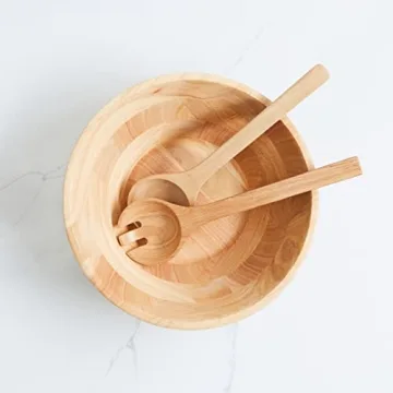 Martha Stewart Coban 3 pc 13" Round Wood Salad Bowl W/ 2 Servers