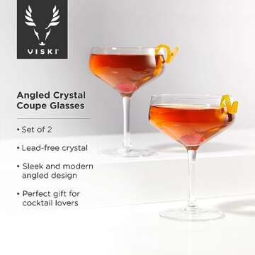 Viski Raye Angled Stemmed Crystal Coupe Cocktail Glasses, Champagne Coupe Glasses, Drinkware Set, Es...