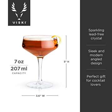Viski Raye Angled Stemmed Crystal Coupe Cocktail Glasses, Champagne Coupe Glasses, Drinkware Set, Espresso Martini Glasses, Set of 2, 7oz