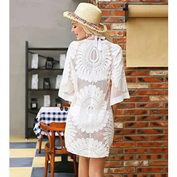 DQdq Women's Lace Cardigan Cover Ups Beachwear Cotton White XL to XXL