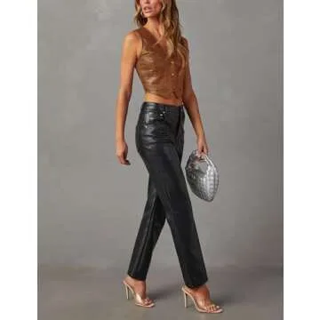 Fallorchid Women's Button Up Sleeveless Vest Crop Tops Sexy V Neck Faux Leather Jacket Waistcoat