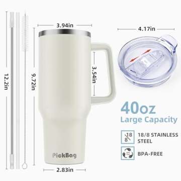 40 oz Tumbler with Handle and Straw, 100% Leak Proof Tumblers Cup, Stainless Steel Insulated Travel Coffee Mug, Keeps Drinks Cold for 24 Hours or Hot for 10 Hours, Fit for Car Cup Holder, Cream