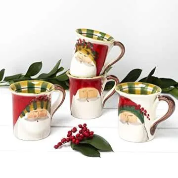 Vietri Old St. Nick Assorted Mugs, Set of 4 4.5" H, 14 oz Terra Bianca Ceramic Mugs, Coffee Cup Set