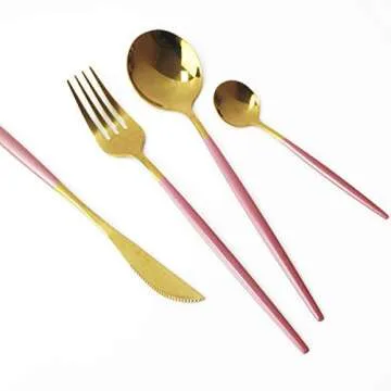 Gugrida 24-Piece Silverware Set - 18/10 Stainless Steel Reusable Utensils Forks Spoons Knives Set, Mirror Polished Cutlery Flatware Set, Great for Family Gatherings & Daily Use (6 set, Pink Handle)