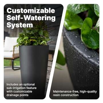 Step2 Tremont Tall Round Tapered Planter, Large Planters for Outdoor Plants, Gardening and Flower Pot for Patio or Porch, Efficient Drainage, Durable Plastic, Onyx Black, 1-Pack