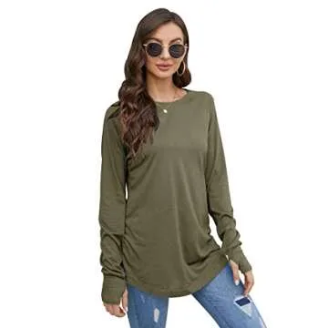 Fisoew Women's Casual Long Sleeve Tops Crew Neck Round Hem Loose T-Shirts Tunic Tops with Thumb Holes