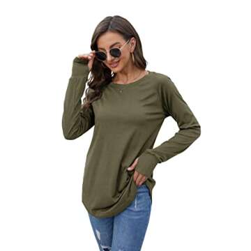 Fisoew Women's Casual Long Sleeve Tops Crew Neck Round Hem Loose T-Shirts Tunic Tops with Thumb Holes