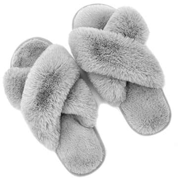 Metog Women's Fuzzy Slippers House Slippers Cross Band Slippers Indoor Outdoor Soft Plush on Open To...
