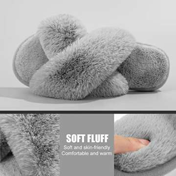 Metog Women's Fuzzy Slippers House Slippers Cross Band Slippers Indoor Outdoor Soft Plush on Open Toe Slippers, Grey, 7-8 Women