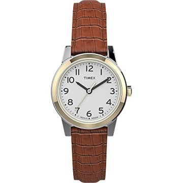 Timex Women's Essex Avenue 25mm Watch – Two-Tone Case White Dial with Brown Leather Strap