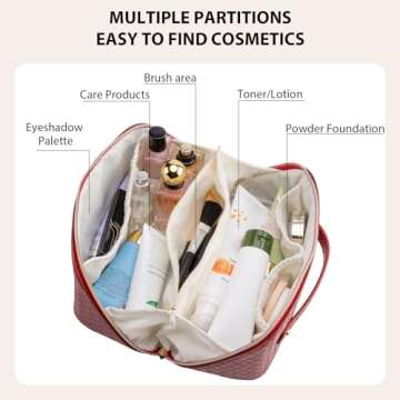 VERNASSA Large Capacity Travel Makeup Bag for Women, Waterproof Portable Cosmetic Bag with Compartments, Foldable Flat Lay Design for Easy Access, Perfect for Toiletries & Beauty Essentials (Red)