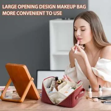 VERNASSA Large Capacity Travel Makeup Bag for Women, Waterproof Portable Cosmetic Bag with Compartments, Foldable Flat Lay Design for Easy Access, Perfect for Toiletries & Beauty Essentials (Red)