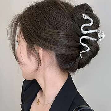 AIUPUOC Large Metal Silver Snake Accessories: Elegant Thick Hair Clips, Barrettes, Banana Hairpins f...