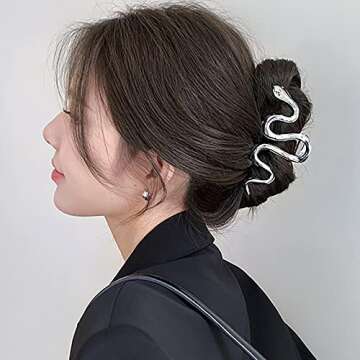 AIUPUOC Large Metal Silver Snake Accessories: Elegant Thick Hair Clips, Barrettes, Banana Hairpins for Women & Girls - 2Pcs