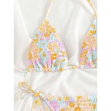 MakeMeChic Women's Halter Tie Side Triangle Bikini Set High Cut 2 Piece Bikini Swimsuit Bathing Suit Floral Multicolored S