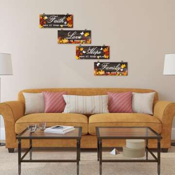 4 Pieces Fall Door Decoration Maple Door Plaque Faith Hope Family Wood Sign Maple Leaf Hanging Sign Rustic Farmhouse Hanging Decor for Home Living Room Supplies, 10 x 4 Inch (Pretty Style)