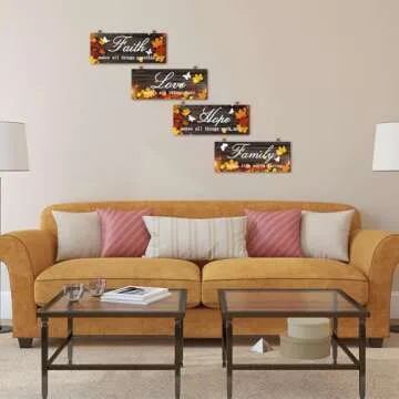 4 Pieces Fall Door Decoration Maple Door Plaque Faith Hope Family Wood Sign Maple Leaf Hanging Sign Rustic Farmhouse Hanging Decor for Home Living Room Supplies, 10 x 4 Inch (Pretty Style)