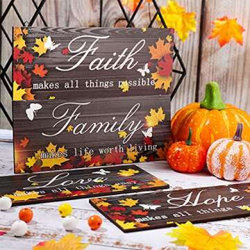 4 Pieces Fall Door Decoration Maple Door Plaque Faith Hope Family Wood Sign Maple Leaf Hanging Sign Rustic Farmhouse Hanging Decor for Home Living Room Supplies, 10 x 4 Inch (Pretty Style)