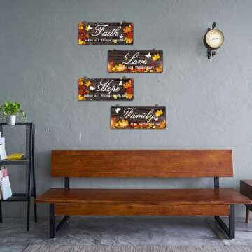 4 Pieces Fall Door Decoration Maple Door Plaque Faith Hope Family Wood Sign Maple Leaf Hanging Sign Rustic Farmhouse Hanging Decor for Home Living Room Supplies, 10 x 4 Inch (Pretty Style)