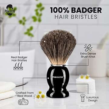 Perfecto 100% Pure Badger Shaving Brush-Black Handle- Engineered for The Best Shave of Your Life. for, Safety Razor, Double Edge Razor, Straight Razor or Shaving Razor, Its The Best Badger Brush.