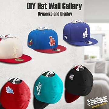 BRATEAYA Baseball Hat Holder for Wall, Adhesive Hat Racks for Baseball Caps, Super Strong Hat Displa...