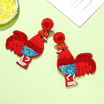 Beaded Earrings Hypoallergenic Cute Rooster Chicken Dangle Earrings for Women Handmade Boho Weird Sequin Drop Dangling Earrings Fun Thanksgiving Fall Animal Jewelry Gift for Chicken Lovers