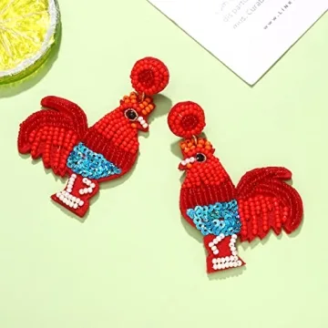 Beaded Earrings Hypoallergenic Cute Rooster Chicken Dangle Earrings for Women Handmade Boho Weird Sequin Drop Dangling Earrings Fun Thanksgiving Fall Animal Jewelry Gift for Chicken Lovers