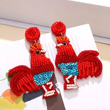 Beaded Earrings Hypoallergenic Cute Rooster Chicken Dangle Earrings for Women Handmade Boho Weird Sequin Drop Dangling Earrings Fun Thanksgiving Fall Animal Jewelry Gift for Chicken Lovers