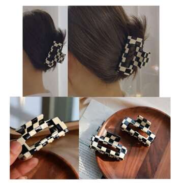 YOEMAYUNER Checkered Hair Claw Clips,2PCs Vintage Checkered Hair Clip Strong Claw Clips Hair Barrettes for Thick Thin Hair Square Clips Medium Hair Accessories for Women Girls(A)