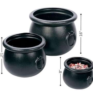 Fun Express Black Cauldron Pot 16", 12" and 8", Pack of 3, Create an Enchanting Halloween Atmosphere with Our Plastic Cauldron, Witch Cauldron Pots Endless Decor Possibilities
