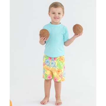 RUGGEDBUTTS Boys UPF50+ Sun Protection Fruits & Florals Swim Trunks - Happy Hula, 2T