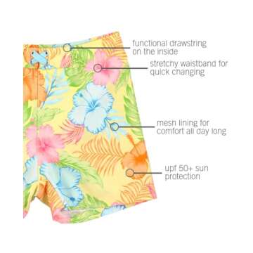 RUGGEDBUTTS Boys UPF50+ Sun Protection Fruits & Florals Swim Trunks - Happy Hula, 2T