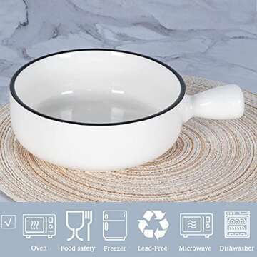 Aquiver 21 Oz French Onion Soup Bowls – Classic White Porcelain Serving Bowl with Single Handle - for Soup, Tortilla Soup, Oatmeal, Cereal, Chicken Pie, Beef Stew, Chowder - Set of 4