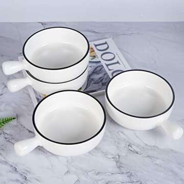 Aquiver 21 Oz French Onion Soup Bowls – Classic White Porcelain Serving Bowl with Single Handle - for Soup, Tortilla Soup, Oatmeal, Cereal, Chicken Pie, Beef Stew, Chowder - Set of 4