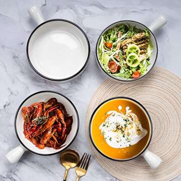 Aquiver 21 Oz French Onion Soup Bowls – Classic White Porcelain Serving Bowl with Single Handle - for Soup, Tortilla Soup, Oatmeal, Cereal, Chicken Pie, Beef Stew, Chowder - Set of 4