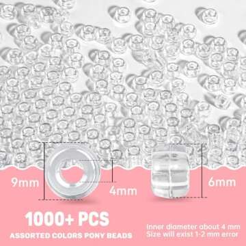 1000+ Pcs Pony Beads Bulk - Sukh 6x9 mm Plastic Bracelet Crystal White Clear Beads for Bracelets Making, Hair Braids, DIY Crafts, Key Chai Making, Home Decor