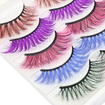 Colorful Eyelashes, Halloween Mink Colored Long Dramatic False Eyelashes Party False Eyelashes Makeup Tools (Colorful-5 Pairs)