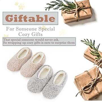 Cozylook 2-pair Women's Soft Sole Slipper Socks with Grippers, Thick Warm Cozy Sherpa Lined Home Socks Set, Cable Knitted Non-slip Fluffy Winter House Bedroom Slippers GRAY+TAUPE M 7-8
